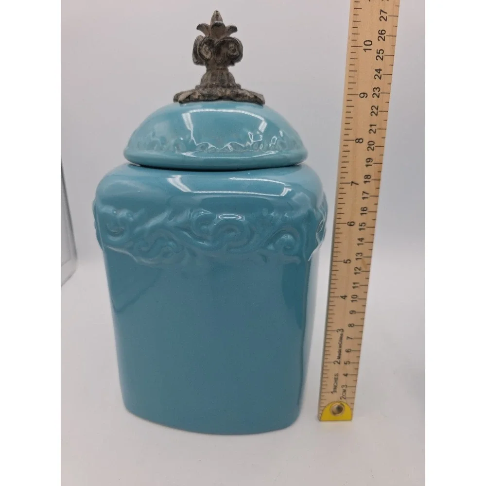 Drake Design Tuscan Scroll Fleur De Lis Turquois Square Canister No Base 11 1/2